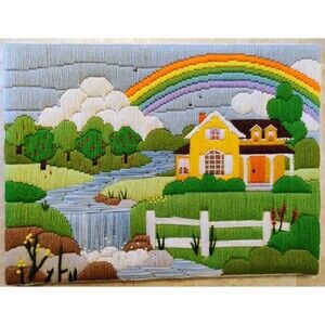 82 Summer Rainbow Needlepoint Russell Bushee Art 12x16 Retro Folk Art Wall Decor